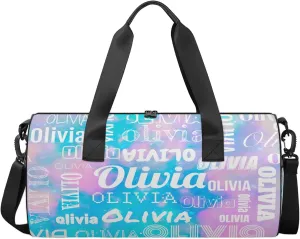 Personalized Duffel Bag with Name Custom Travel Sports Bag for Women Men Waterproof Round Dance Ballet Bag Lightweight 17.6in, Blue Pink Glitter