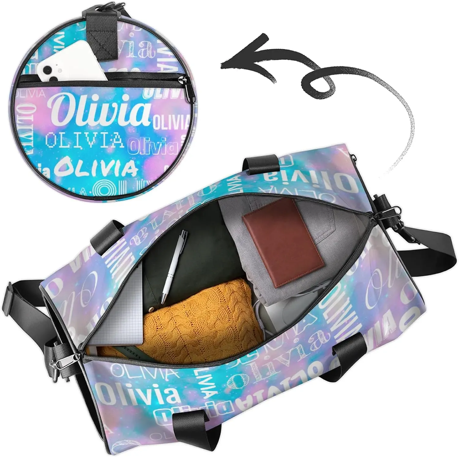 Personalized Duffel Bag with Name Custom Travel Sports Bag for Women Men Waterproof Round Dance Ballet Bag Lightweight 17.6in, Blue Pink Glitter