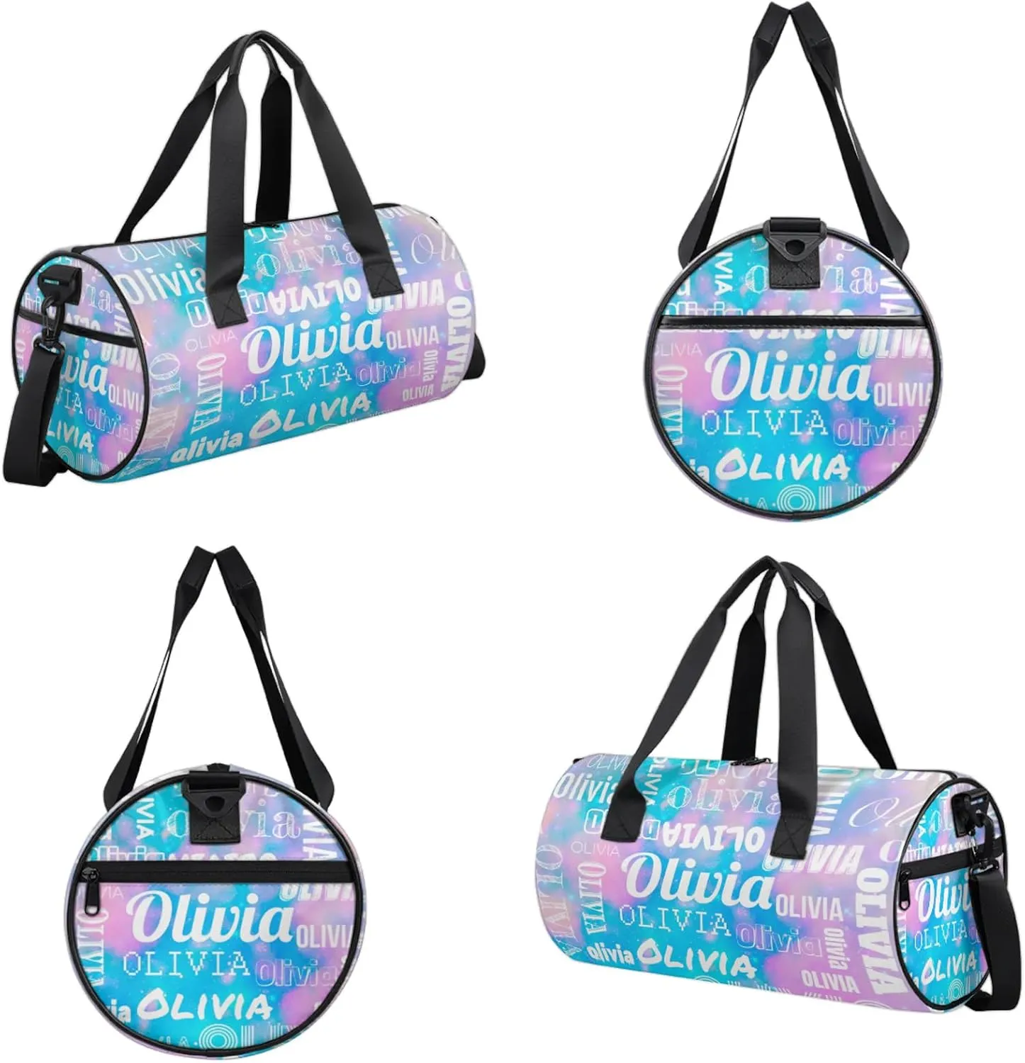 Personalized Duffel Bag with Name Custom Travel Sports Bag for Women Men Waterproof Round Dance Ballet Bag Lightweight 17.6in, Blue Pink Glitter