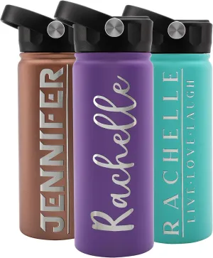 Personalized Water Bottle w Straw Lid Double Wall Insulated | 18 oz - 12 Font - Purple | 9 Color Custom Water Bottle w Name and Text, BPA Free - Non Sweat - Vacuum Insulated