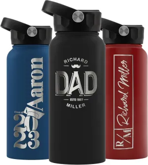Personalized Water Bottle w Straw Lid Double Wall Insulated | 32 oz - 12 Designs - Black | 9 Color Custom Water Bottle w Name and Text, BPA Free - Non Sweat - Vacuum Insulated