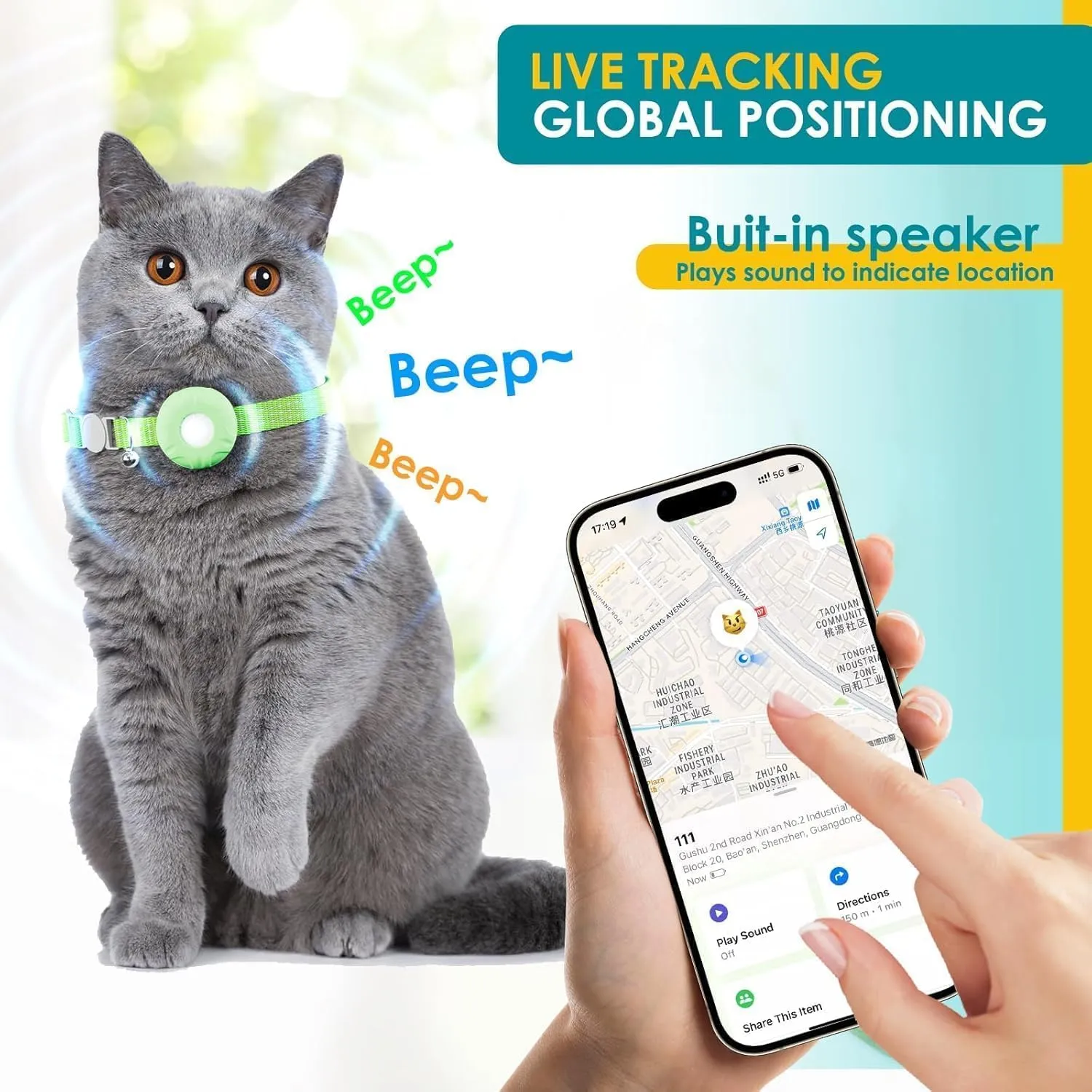 Pet Tracker for Cats,GPS Cat Tracker,Smart Pet Location Tracker with Collar and Holder,Waterproof Cat GPS Tracker Tracking Device,No Monthly Fee,Works with Apple Find My(iOS Only)-LightGreen