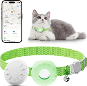 Pet Tracker for Cats,GPS Cat Tracker,Smart Pet Location Tracker with Collar and Holder,Waterproof Cat GPS Tracker Tracking Device,No Monthly Fee,Works with Apple Find My(iOS Only)-LightGreen