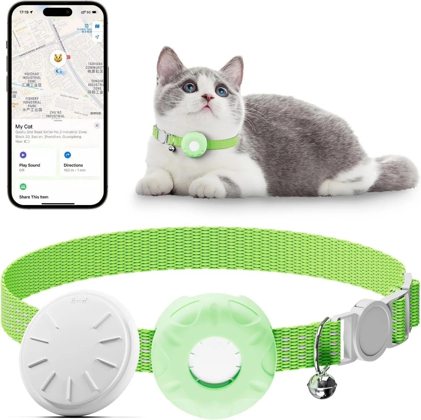 Pet Tracker for Cats,GPS Cat Tracker,Smart Pet Location Tracker with Collar and Holder,Waterproof Cat GPS Tracker Tracking Device,No Monthly Fee,Works with Apple Find My(iOS Only)-LightGreen