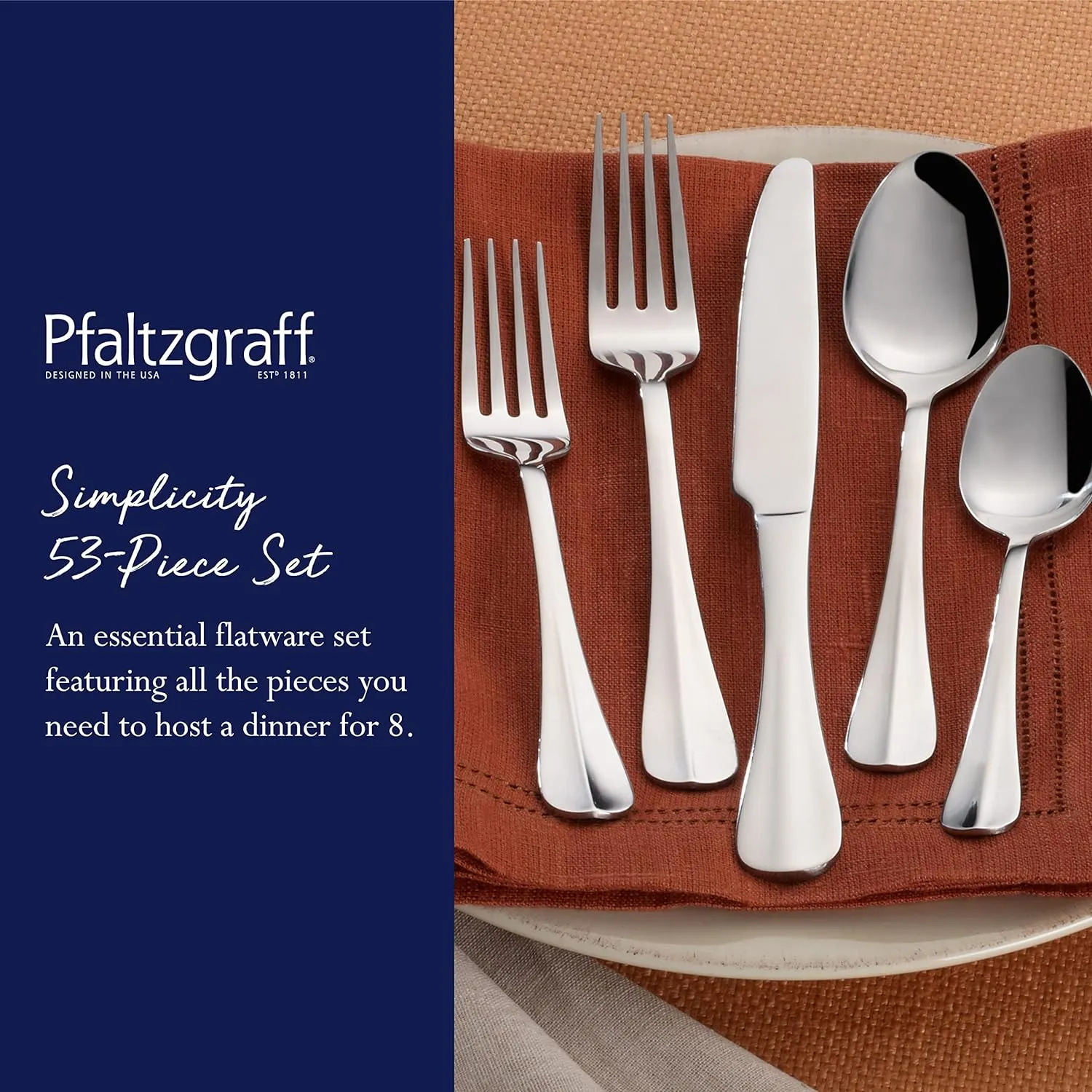 Pfaltzgraff Everyday Simplicity 53-Piece Stainless Steel Flatware Set, Service for 8