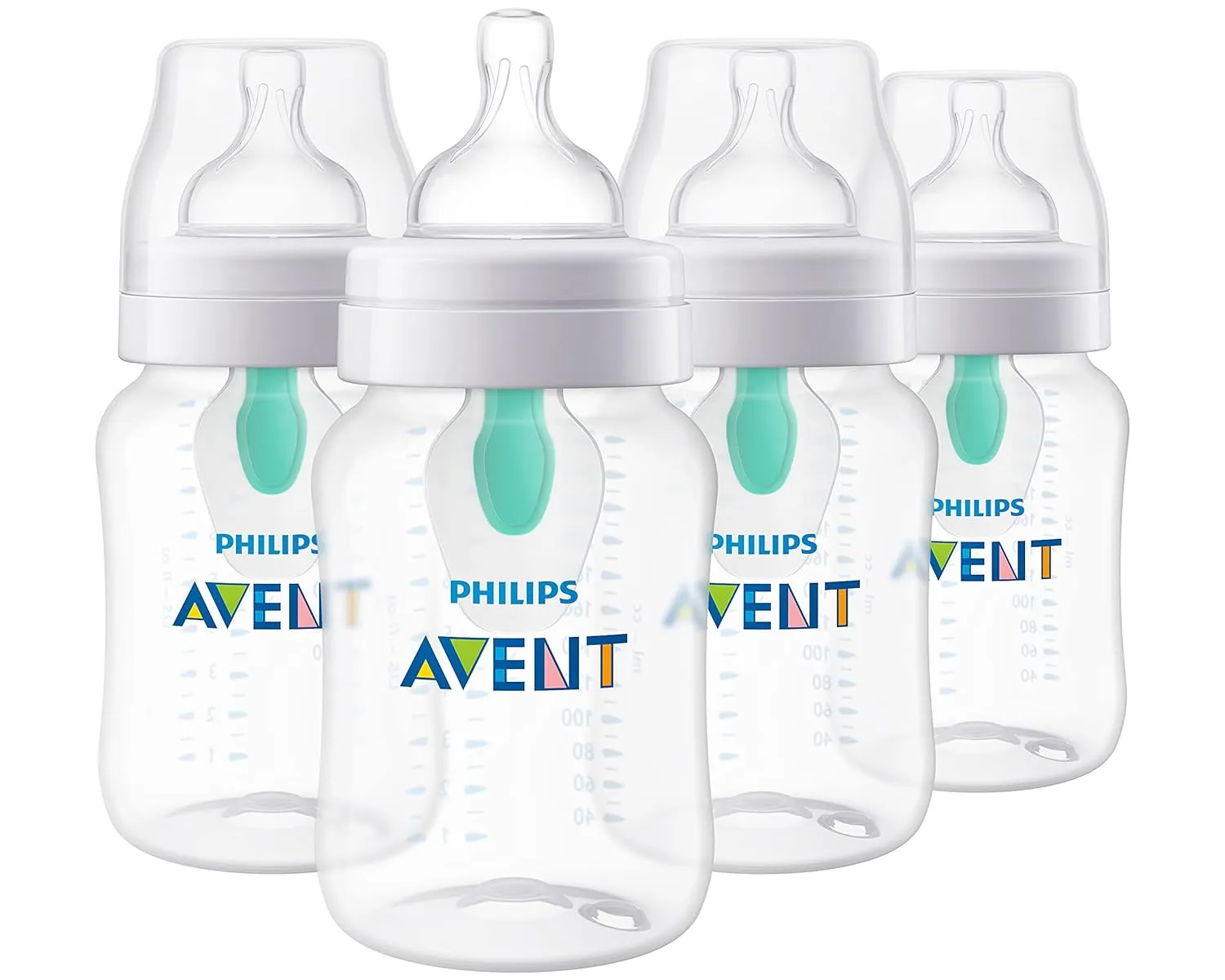 Philips Avent Anti-Colic Baby Bottle with AirFree Vent, 9oz, with Flow 2 Nipples, 1m , 4pk, Clear, SCY703/04