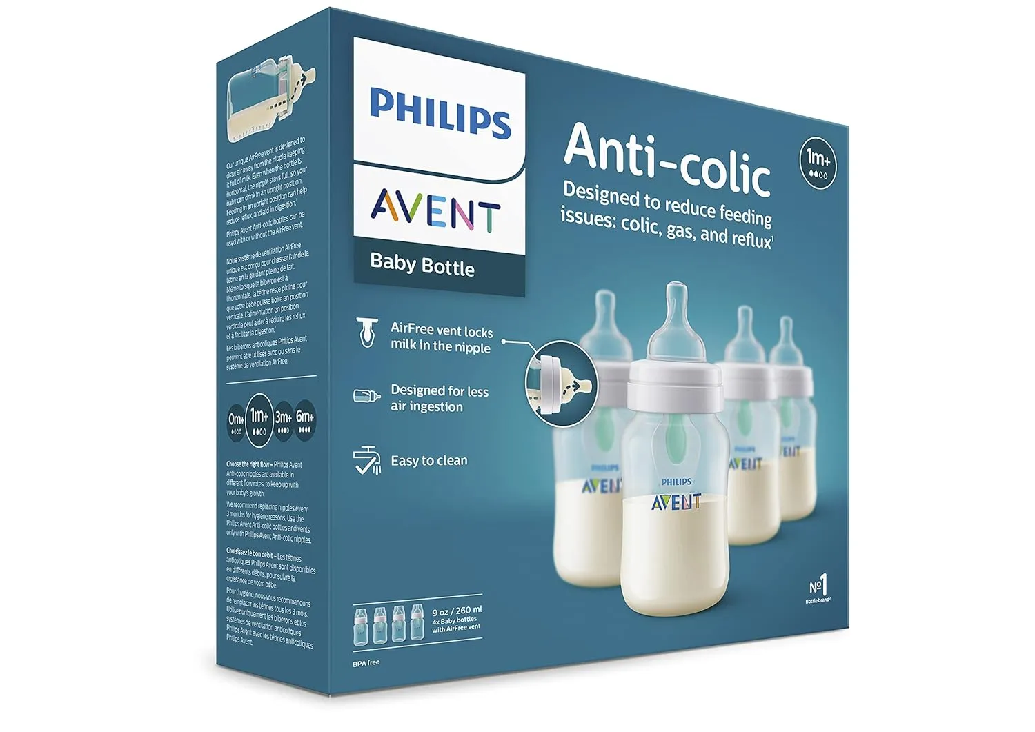 Philips Avent Anti-Colic Baby Bottle with AirFree Vent, 9oz, with Flow 2 Nipples, 1m , 4pk, Clear, SCY703/04