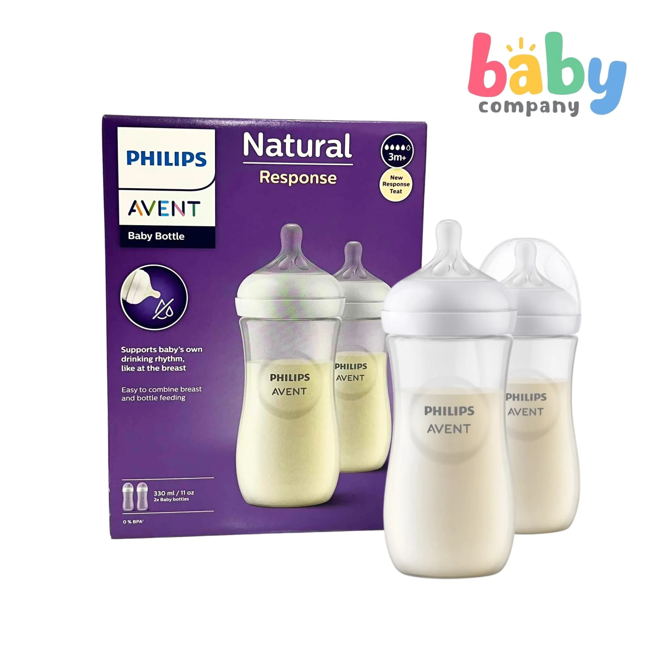 Philips Avent Natural Response Baby Bottle 3m  - 11oz/330ml, Pack of 2