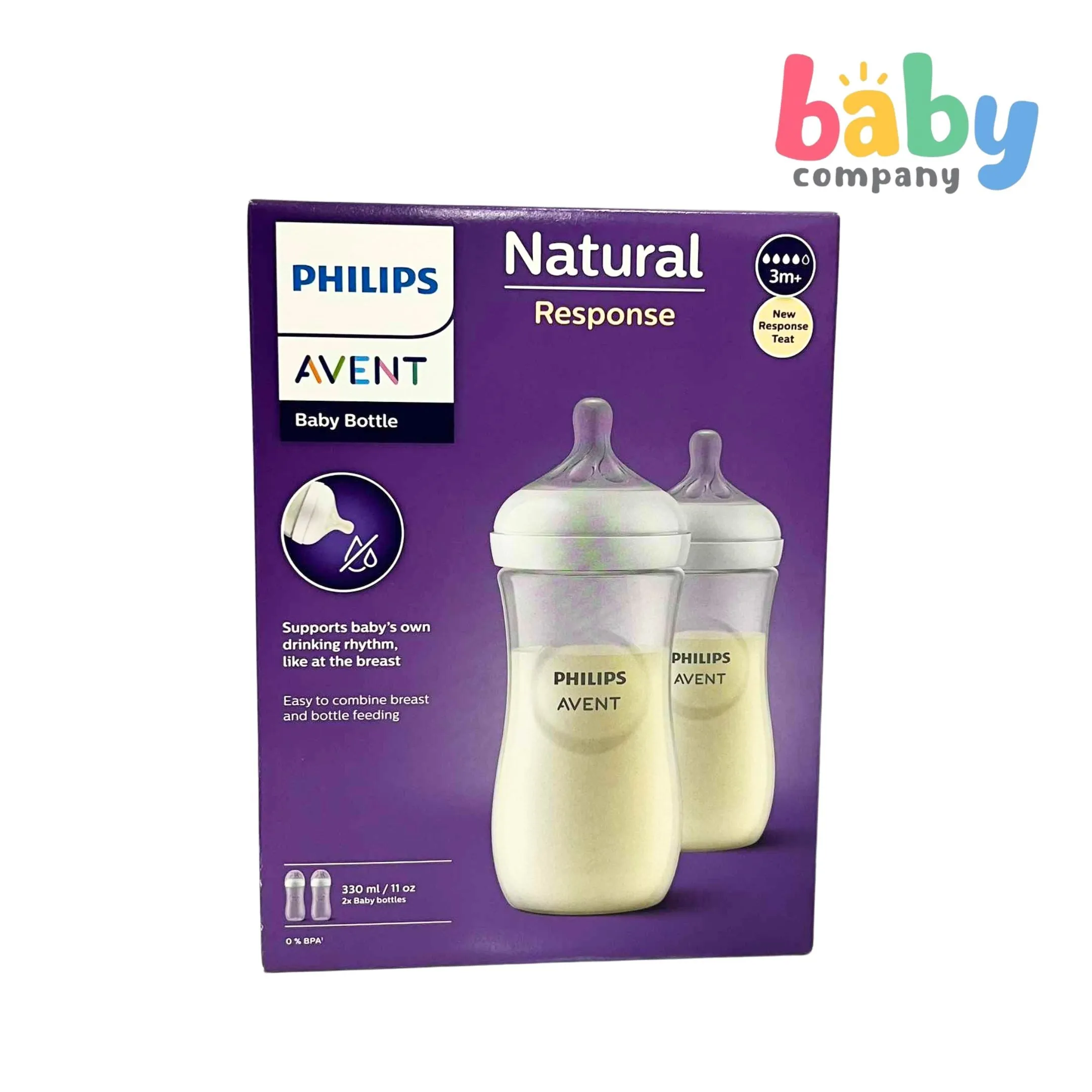 Philips Avent Natural Response Baby Bottle 3m  - 11oz/330ml, Pack of 2