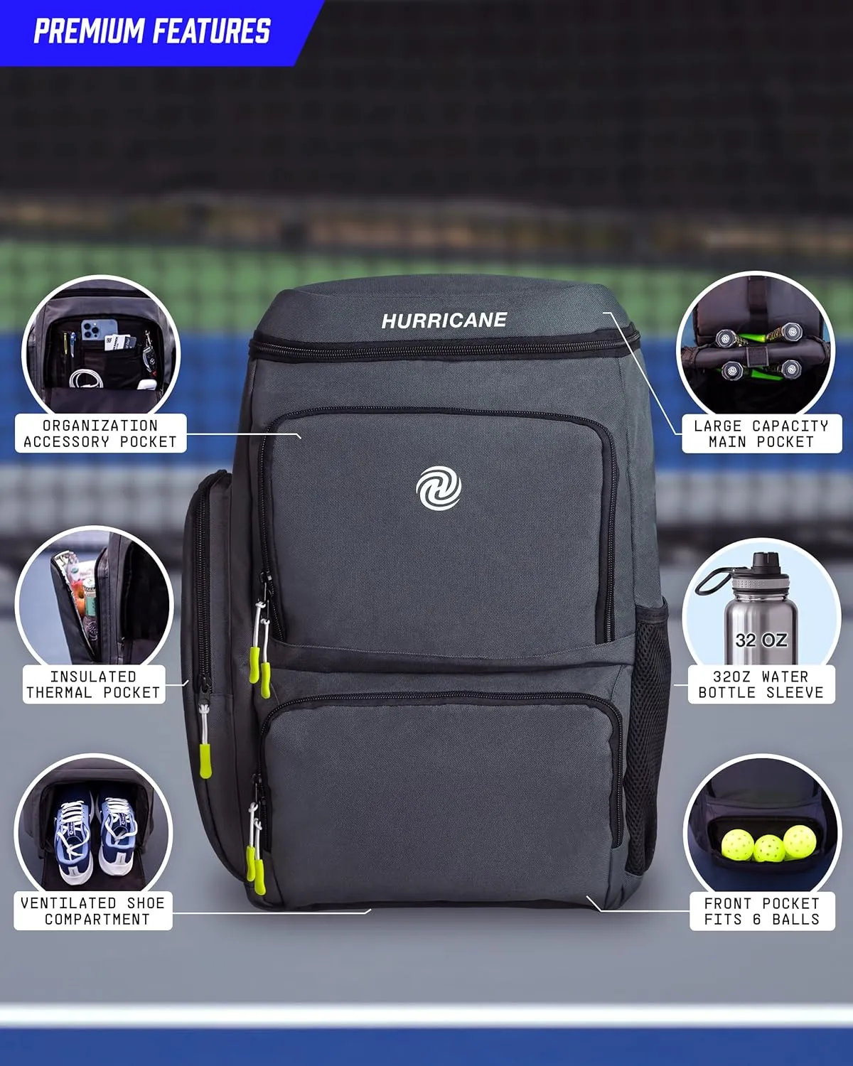 Pickleball Bag, Large Pickleball Backpack, spacious design with paddle storage, shoe compartment, thermal pocket, water bottle holder, fence hook. Ideal for all your pickleball gear