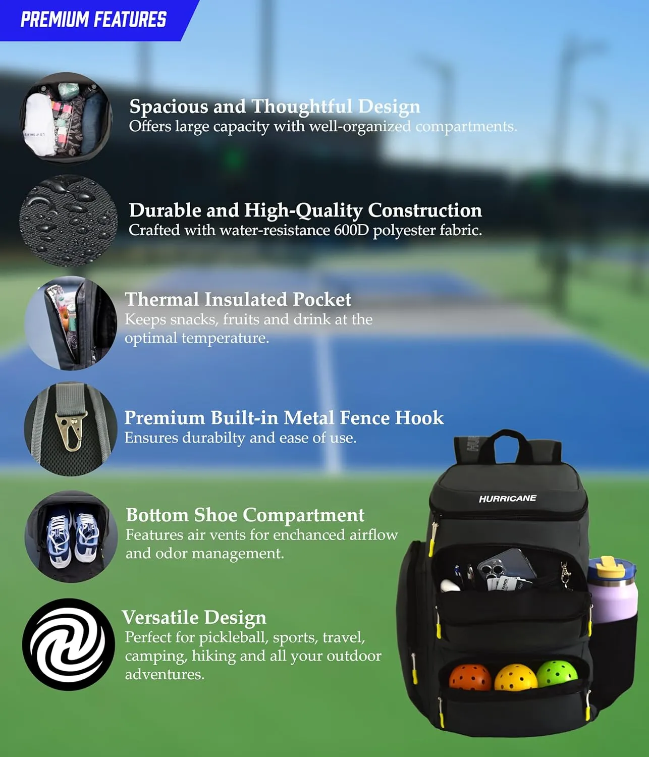 Pickleball Bag, Large Pickleball Backpack, spacious design with paddle storage, shoe compartment, thermal pocket, water bottle holder, fence hook. Ideal for all your pickleball gear