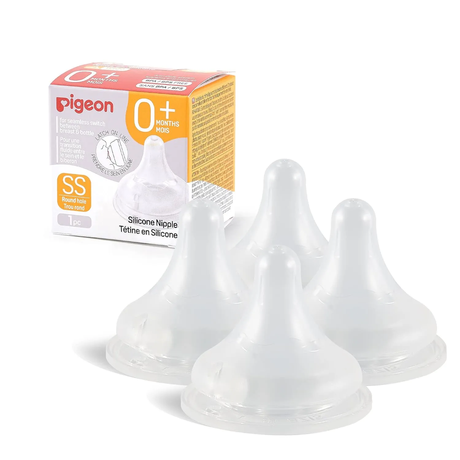 Pigeon Silicone Nipple (SS) with Latch-On Line, Natural Feel, 0  Months, 4 Counts