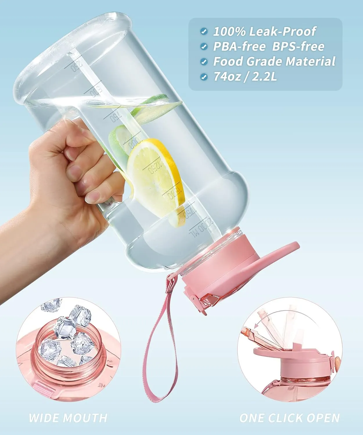 Pink Gym Water Bottles For Women，Workout Gym Accessories Essentials For Women，Pink Workout Equipment，Large Cute Workout Water Bottle for Women，Half Gallon Water Bottle With Sleeve With Strap