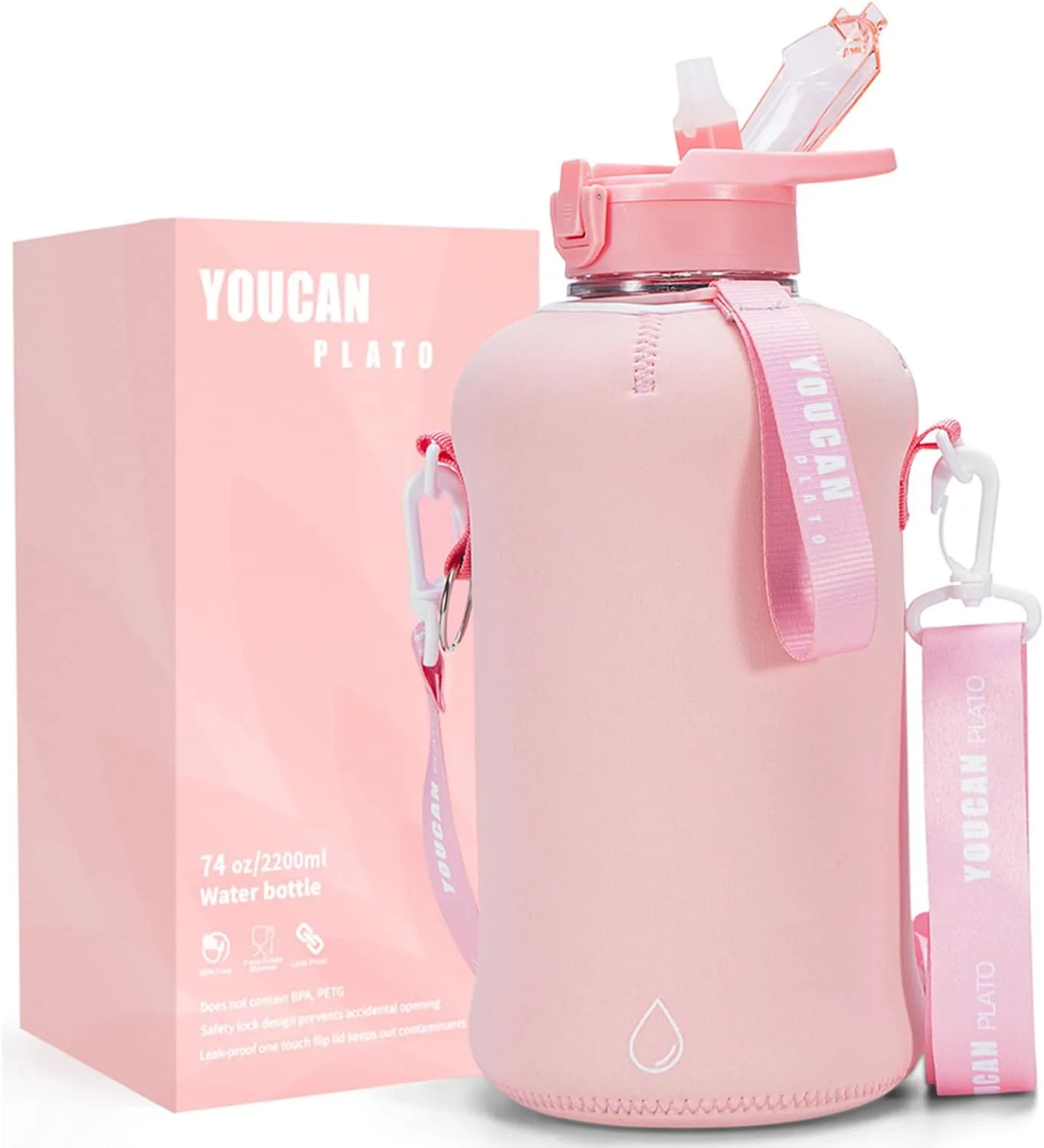 Pink Gym Water Bottles For Women，Workout Gym Accessories Essentials For Women，Pink Workout Equipment，Large Cute Workout Water Bottle for Women，Half Gallon Water Bottle With Sleeve With Strap