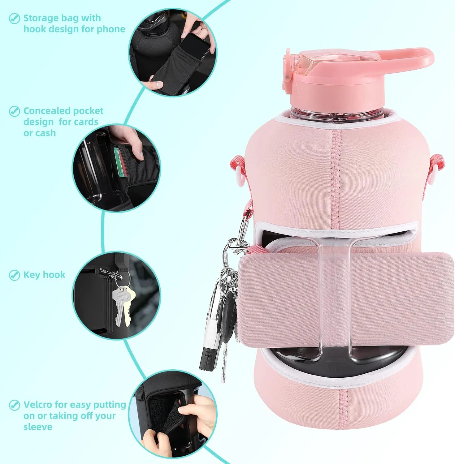 Pink Gym Water Bottles For Women，Workout Gym Accessories Essentials For Women，Pink Workout Equipment，Large Cute Workout Water Bottle for Women，Half Gallon Water Bottle With Sleeve With Strap