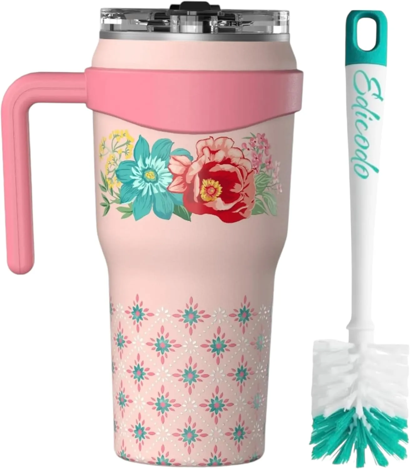 Pioneer Woman 40 oz Fancy Flourish Stainless Steel Insulated Tumbler, Pink, With 2-Piece Bottle and Straw Kitchen Brush Set,Teal/White Bundle