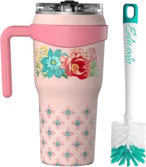 Pioneer Woman 40 oz Fancy Flourish Stainless Steel Insulated Tumbler, Pink, With 2-Piece Bottle and Straw Kitchen Brush Set,Teal/White Bundle