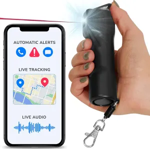 Plegium Smart Pepper Spray 5-in-1 – Self Defense Keychain for Women & Men w/Free GPS Location, Emergency Texts, Live Tracking, Bluetooth Alarm, Loud Siren, LED Strobe, Max Strength, Black
