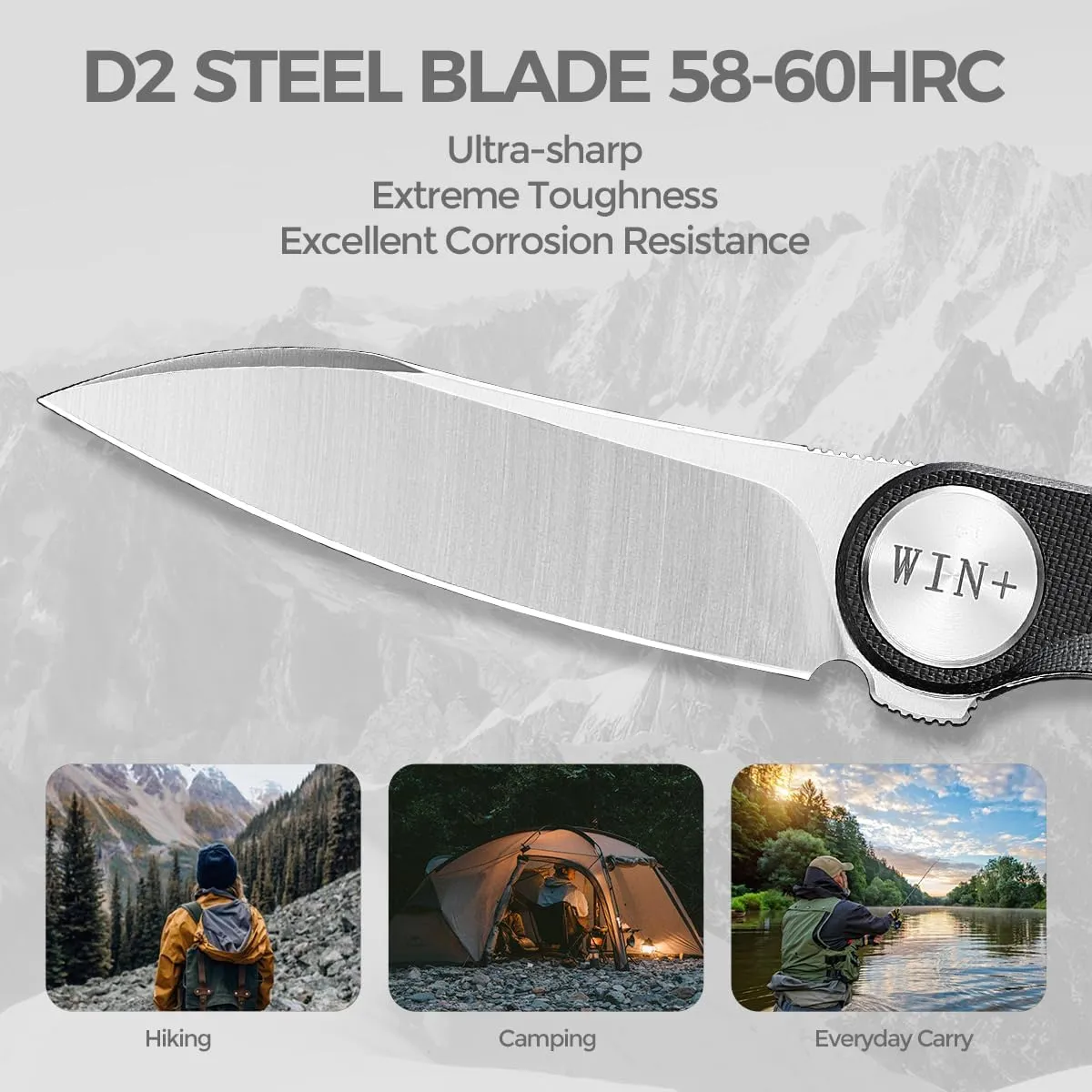 Pocket Knife, Folding Knife with Clip, Tactical Knives with Ball Bearing and Liner Lock, D2 Small EDC Knife for Camping Survival Hunting 3618 (Black-G10)