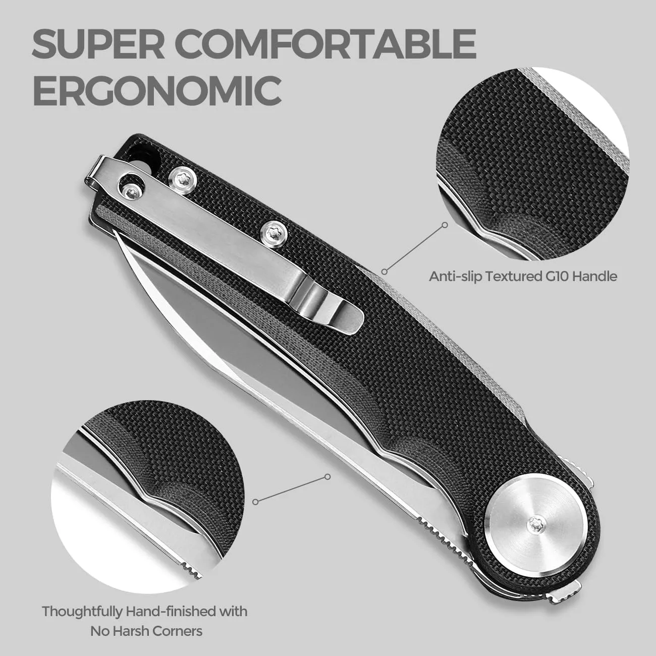 Pocket Knife, Folding Knife with Clip, Tactical Knives with Ball Bearing and Liner Lock, D2 Small EDC Knife for Camping Survival Hunting 3618 (Black-G10)