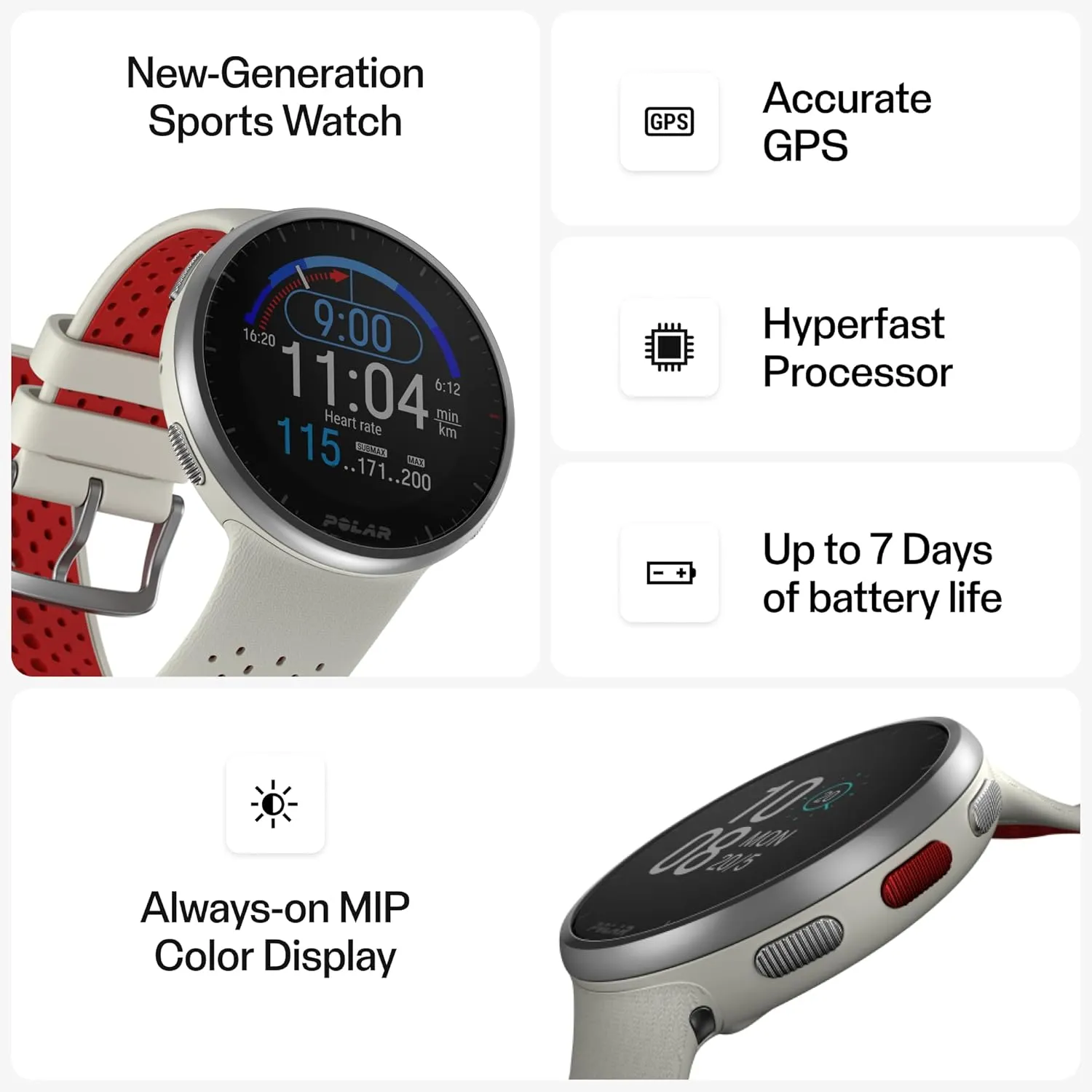 POLAR Pacer Pro Advanced Ultra-Light GPS Fitness Tracker Smartwatch for Runners with Training Program & Recovery Tools; S-L, for Men or Women, White-Red