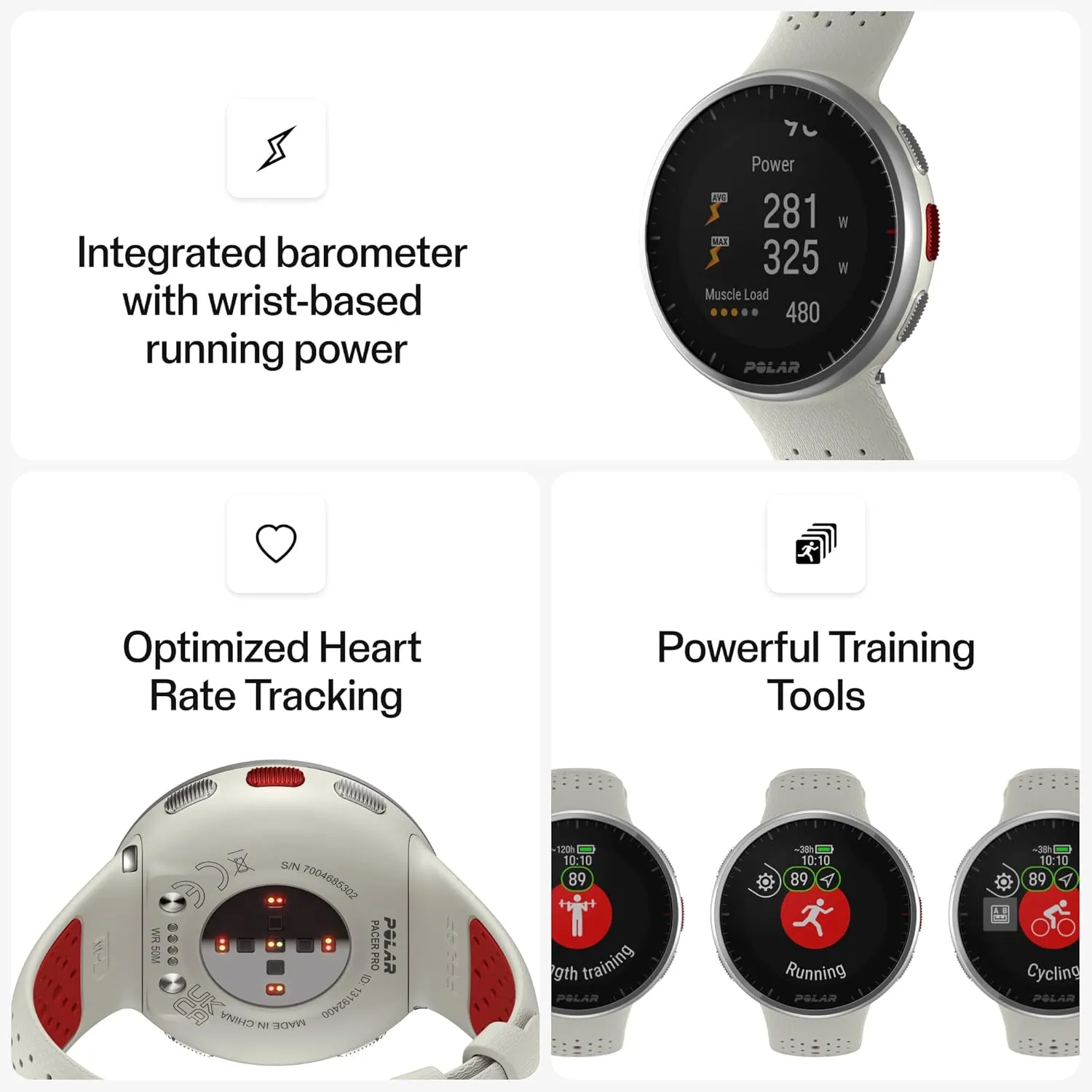 POLAR Pacer Pro Advanced Ultra-Light GPS Fitness Tracker Smartwatch for Runners with Training Program & Recovery Tools; S-L, for Men or Women, White-Red