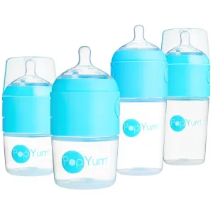 PopYum Blue Formula Making Baby Bottle Starter Set, 4-Pack, 2X 5oz Bottles with #1 Slow Flow Nipples   2X 9oz Bottles with #2 Medium Flow Nipples, Mixing, Dispenser