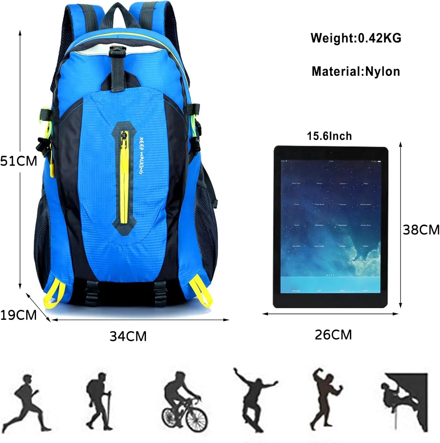 PORRASSO Hiking Backpack Waterproof Rucksack 25L Daypack Durable Backpack for Women Men Camping Climbing Travel Outdoor Sports Blue