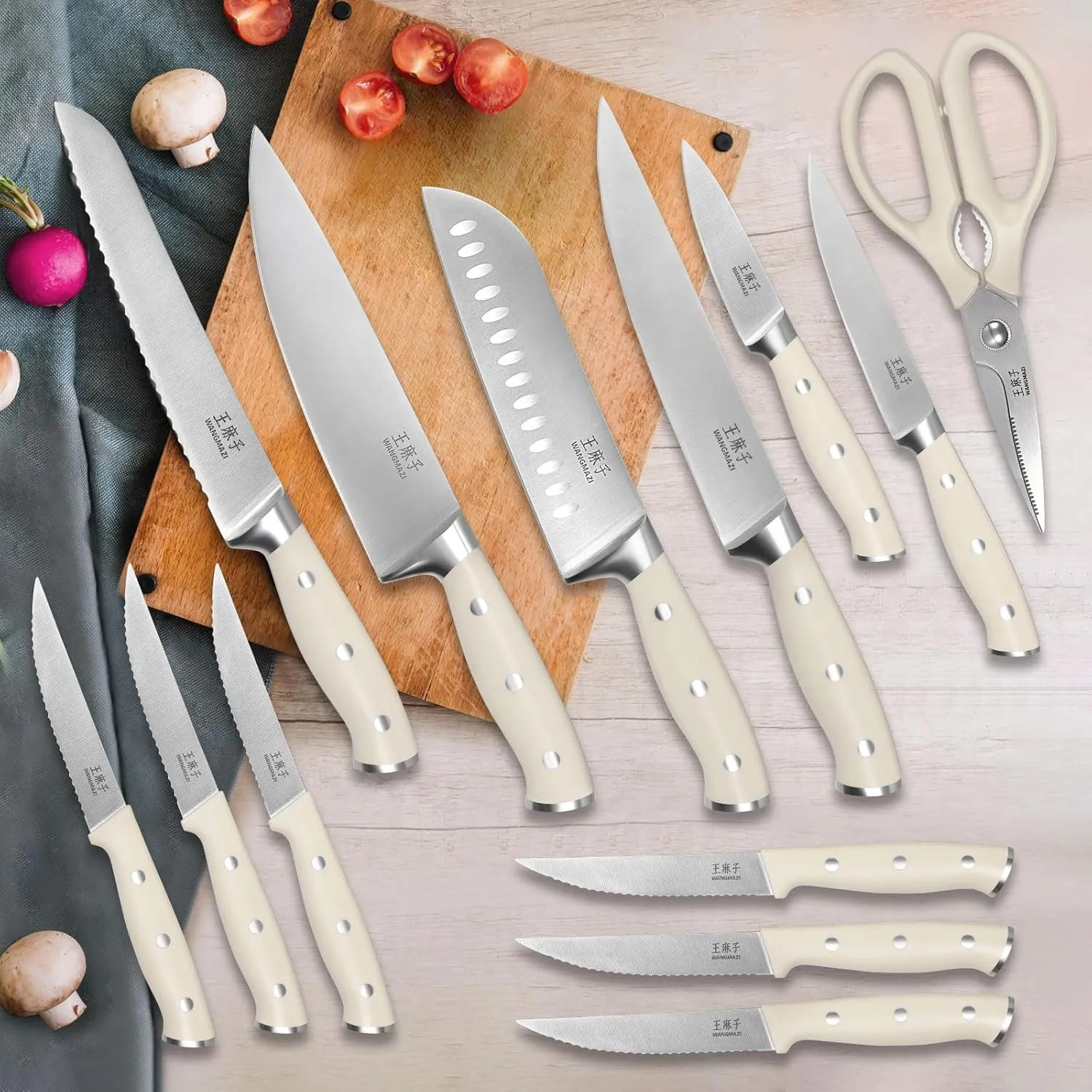 Premium Knife Set,High Carbon Stainless Steel Forged,Sharp Knives Set for Kitchen,Triple-rivet Ergonomic Handle,Hundreds Years of Masterful Craftmanship(Ivory,15PCS)