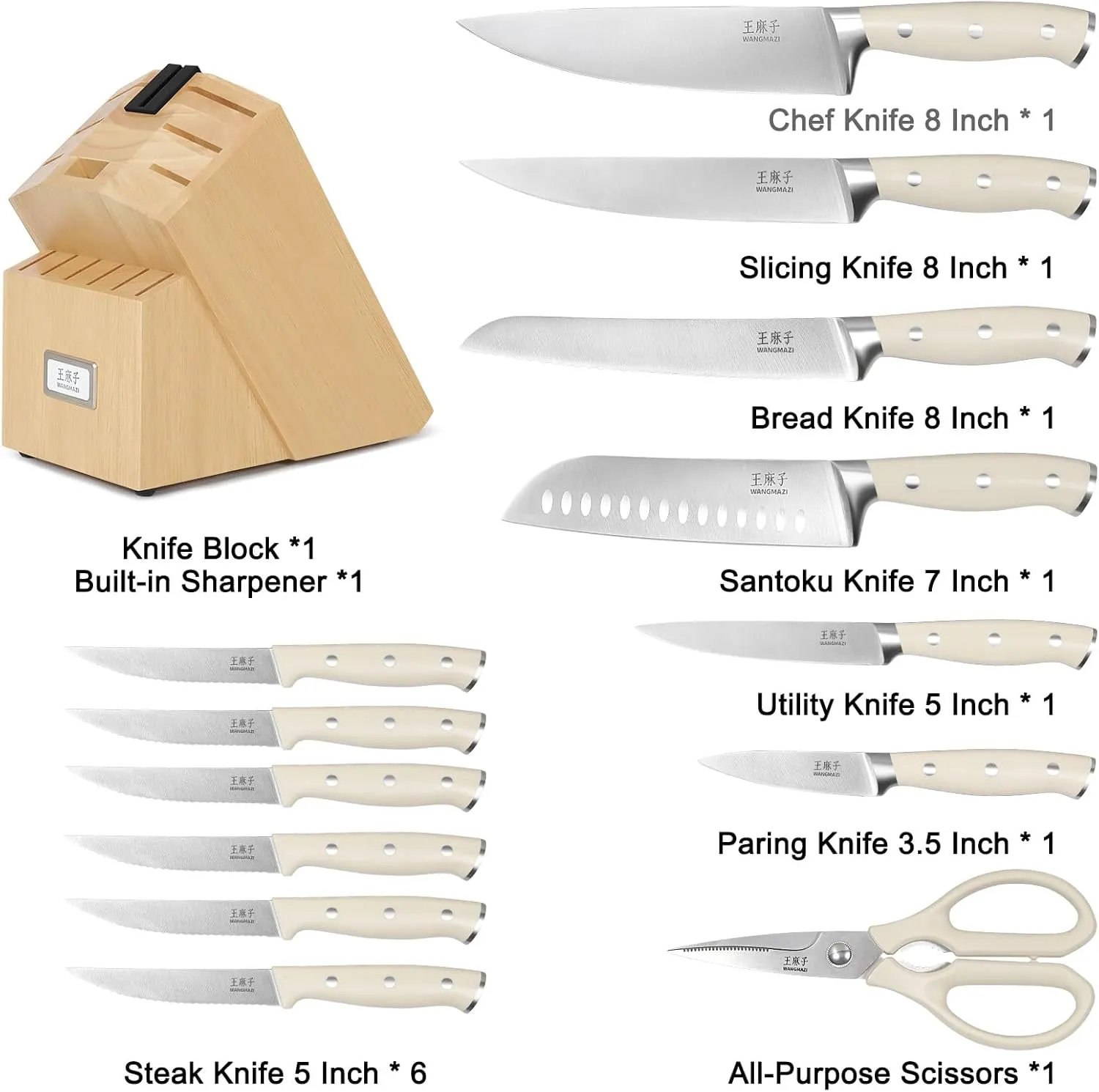 Premium Knife Set,High Carbon Stainless Steel Forged,Sharp Knives Set for Kitchen,Triple-rivet Ergonomic Handle,Hundreds Years of Masterful Craftmanship(Ivory,15PCS)