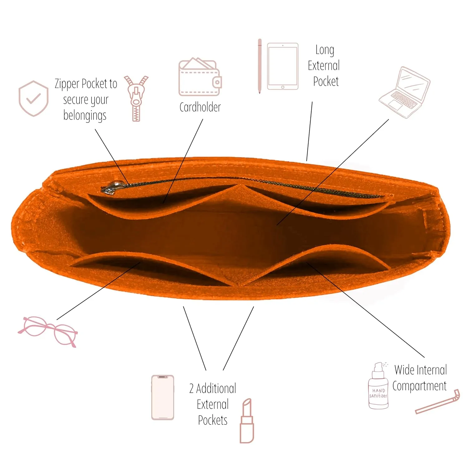 Premium Purse Organizer compatible with Hermes Evelyne 29 Bag Insert, Mini Evelyne Bag Insert with Zipper, Evelyne 33 Bag Insert, 2mm Thick Felt Snug Sturdy (For Evelyne 29 (PM), Lightcoffee)