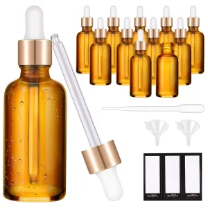 PrettyCare Eye Dropper Bottle 2 oz (12 Pack Amber Glass Bottles 60ml with Golden Caps, 24 Labels, Funnel & Measured Pipettes) Empty Tincture Bottles for Essential Oils
