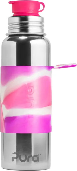 Pura 28 oz / 850 ml Stainless Steel Kids Sport Bottle with Silicone Sport Flip Cap & Sleeve (Plastic Free, Nontoxic Certified, BPA Free) (Swirl Pink)