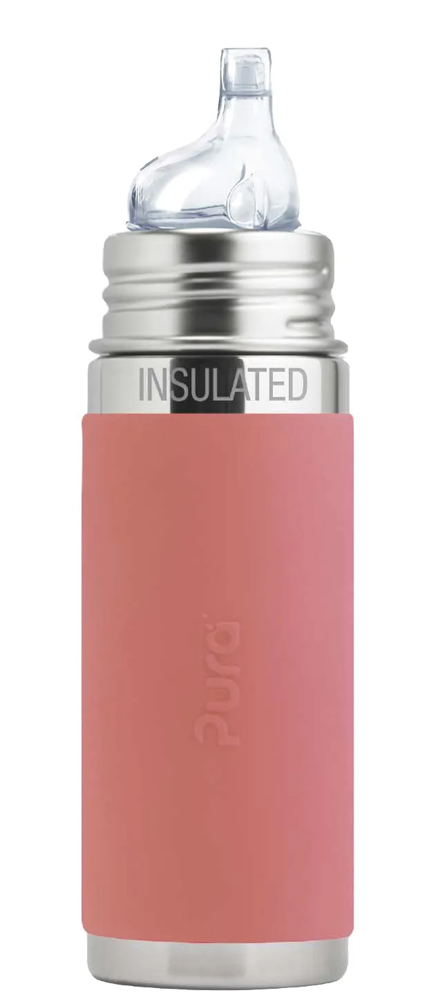Pura Kiki 9oz/260ml Stainless Steel Insulated Sippy Bottle w/Sleeve, Plastic-Free, MadeSafe Certified, Medical-Grade Silicone Sipper Spout Fast Flow for Kids, Toddlers, Babies & Infant – Rose