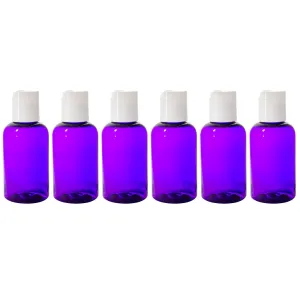 Purple 2 oz Boston Round PET (BPA Free) Plastic Bottle with White Disc Cap Dispenser (6 pack)   Labels