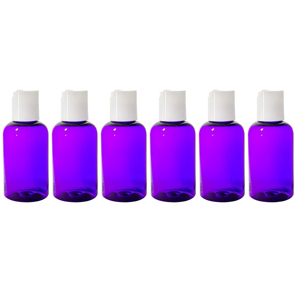 Purple 2 oz Boston Round PET (BPA Free) Plastic Bottle with White Disc Cap Dispenser (6 pack)   Labels