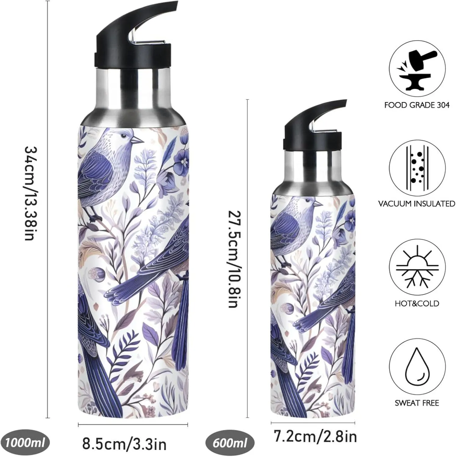 Purple Bird Art Sport Water Bottle Insulated Stainless Steel Large Vacuum Flask Leak Proof Thermos with Straw for Travel(600ml/1000ml)