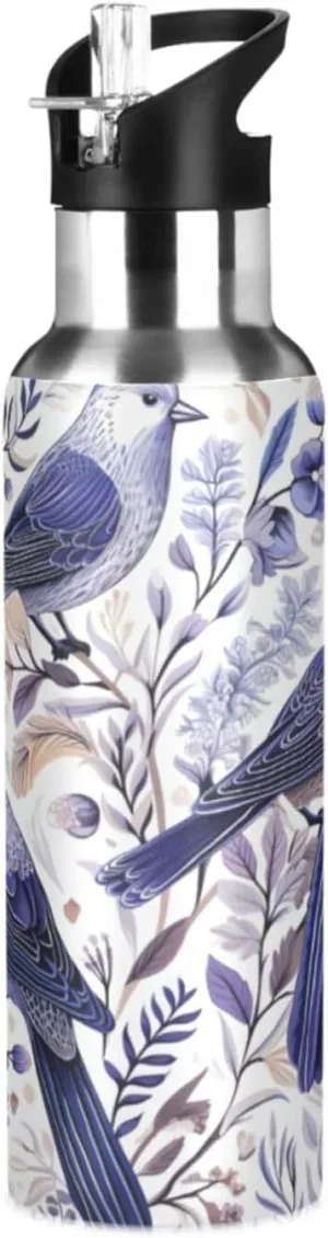 Purple Bird Art Sport Water Bottle Insulated Stainless Steel Large Vacuum Flask Leak Proof Thermos with Straw for Travel(600ml/1000ml)
