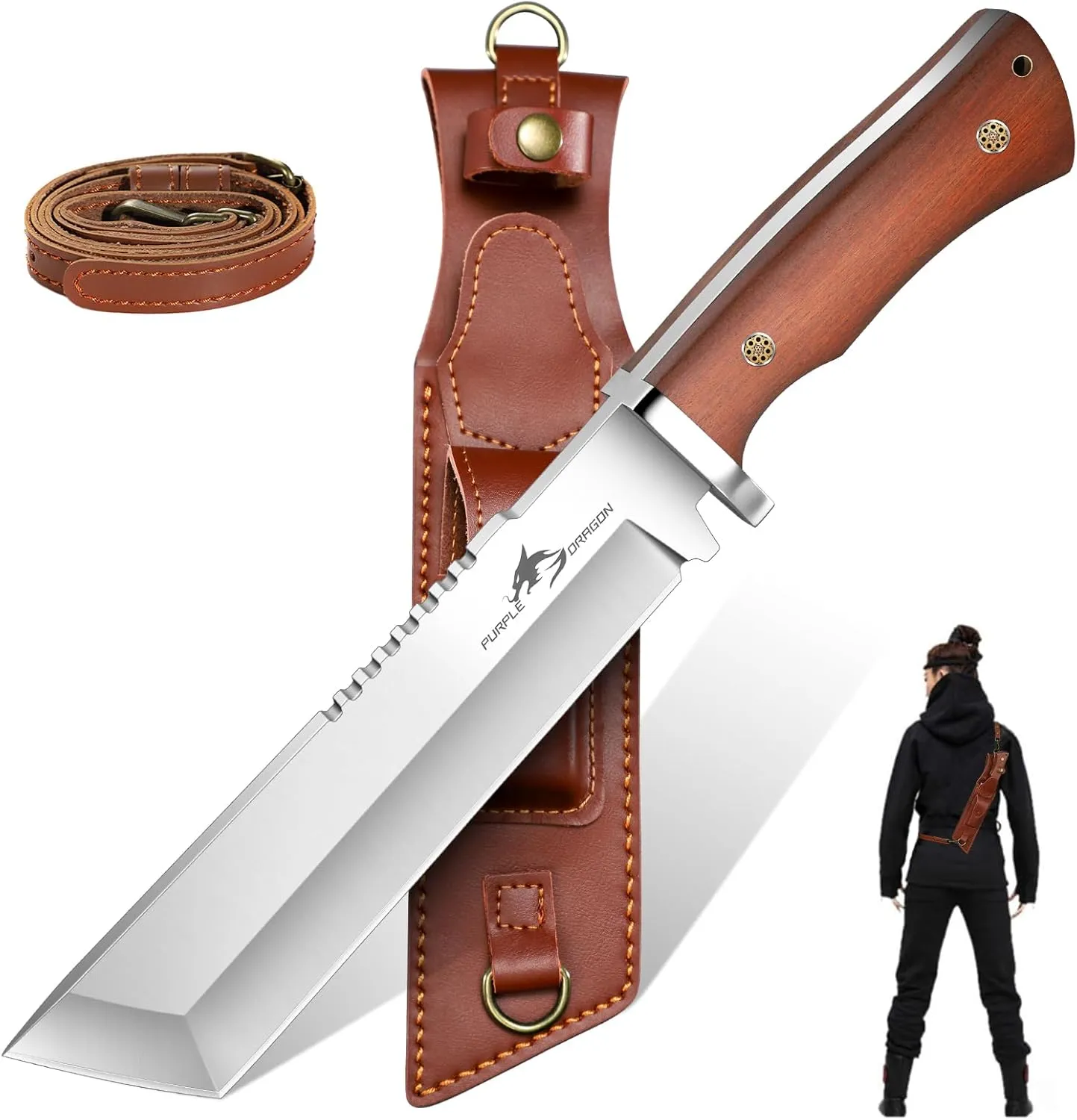 Purple Dragon Tanto Fixed Blade Knife with Sheath - Full Tang Outdoor Survival, Field Knife for Bushcraft, Camping and Hunting, Gifts for Men