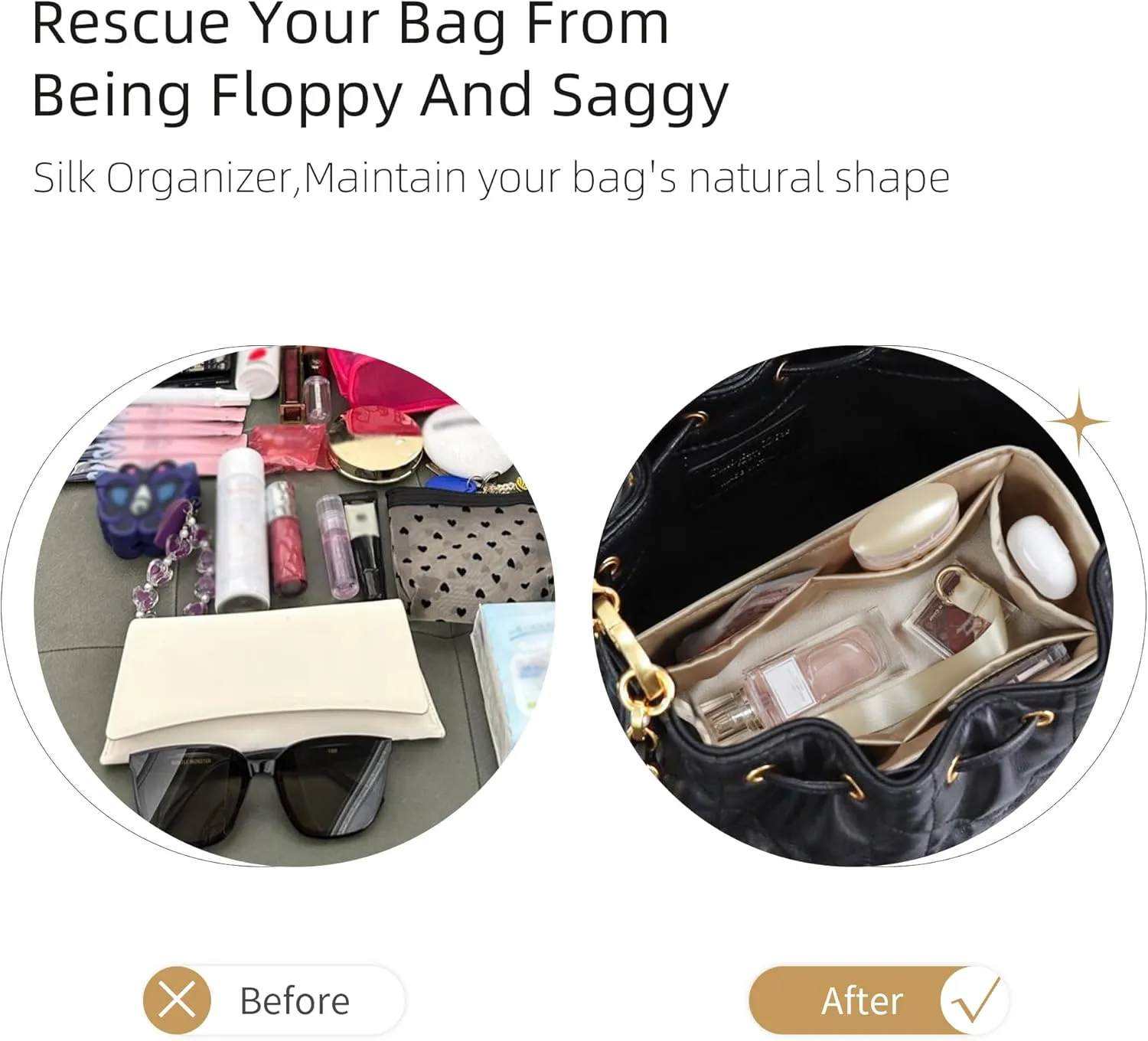 Purse Organizer for Dior Jolie Bucket Bag Small,Silky Smooth Insert,Lightweight Bag in Bag,Luxury Handbag Storage Accessories(Small,Champagne)