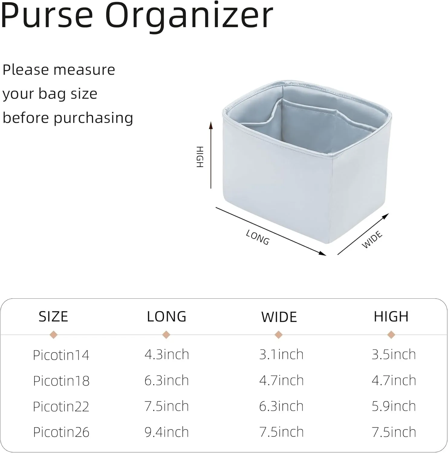 Purse Organizer for Picotin 18/22,Silky Smooth Insert,Lightweight Inside Bag,Luxury Handbag Storage(Picotin 18,Blue Pale)