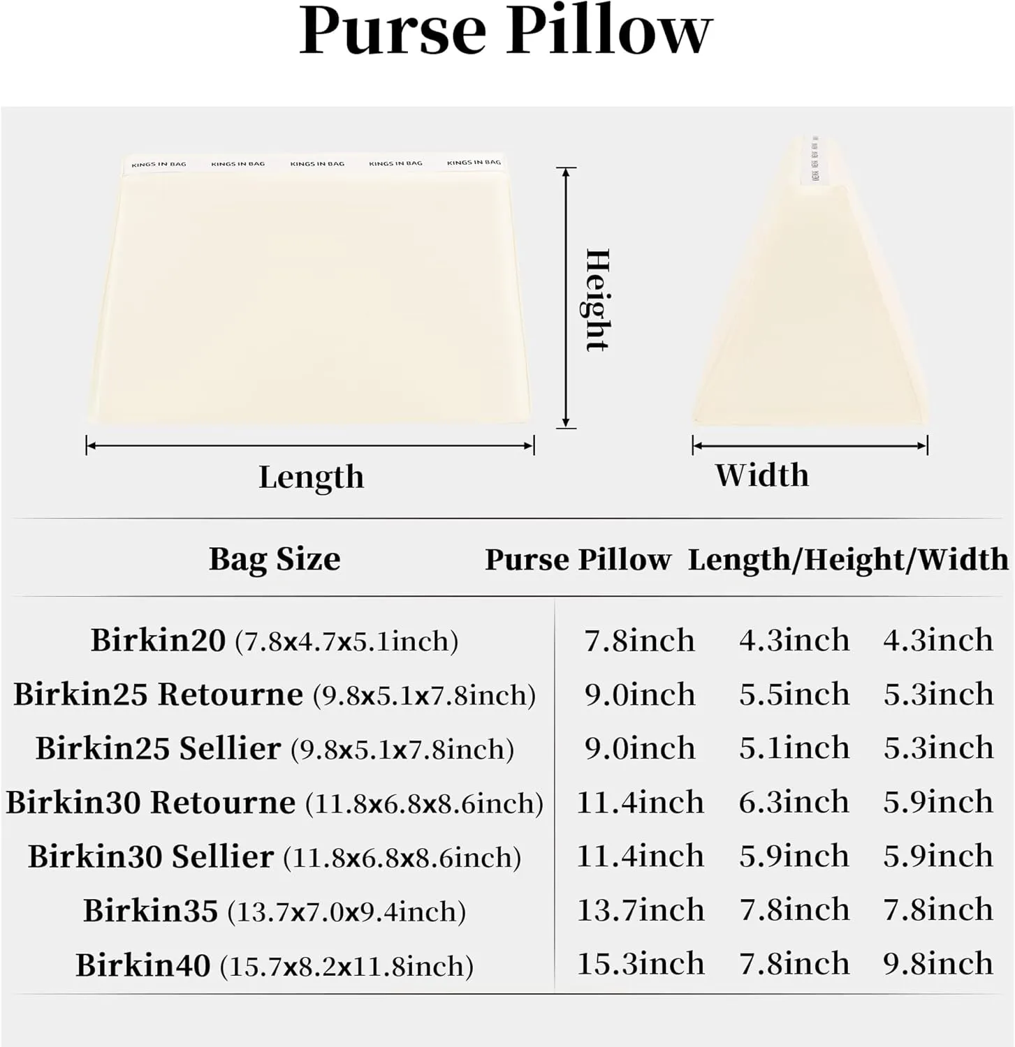Purse Pillow for Birkin 25/30/35/40, Smooth Satin Bag Shaper Compatible with Hermes Birkin Bag, Memory Foam Pillows for Women Handbag, Lightweight Purse Stuffers for Shape(Craie, BK30 Retourné)