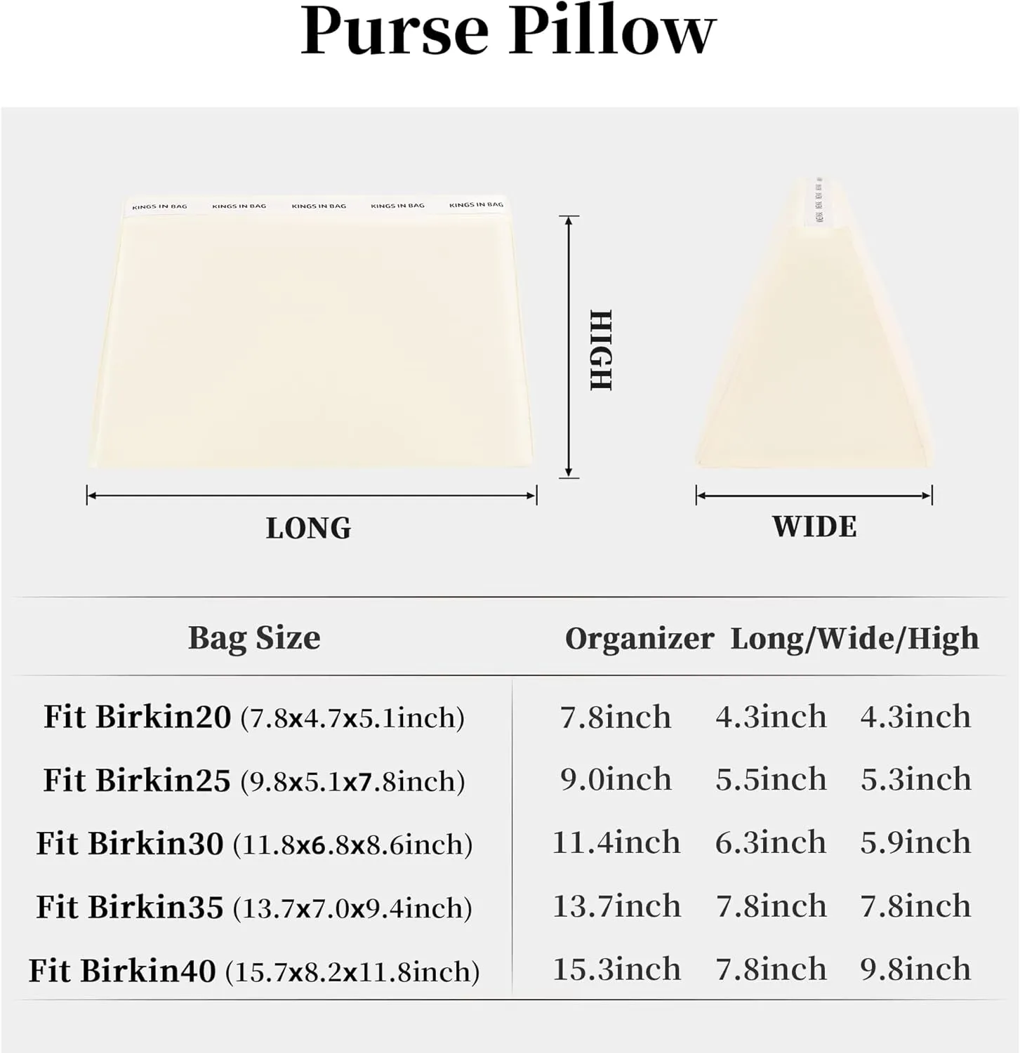Purse Pillow for Birkin 25/30/35/40, Smooth Satin Bag Shaper Compatible with Hermes Birkin Bag, Memory Foam Pillows for Women Handbag, Lightweight Purse Stuffers for Shape(Craie, BK30 Retourné)