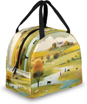 QsirBC Prairie Sheep Landscape Lunch Bag with Padded Handle Large Insulated Lunch Box Leakproof Waterproof Lunch Tote for Work Office Picnic Camping Ravel