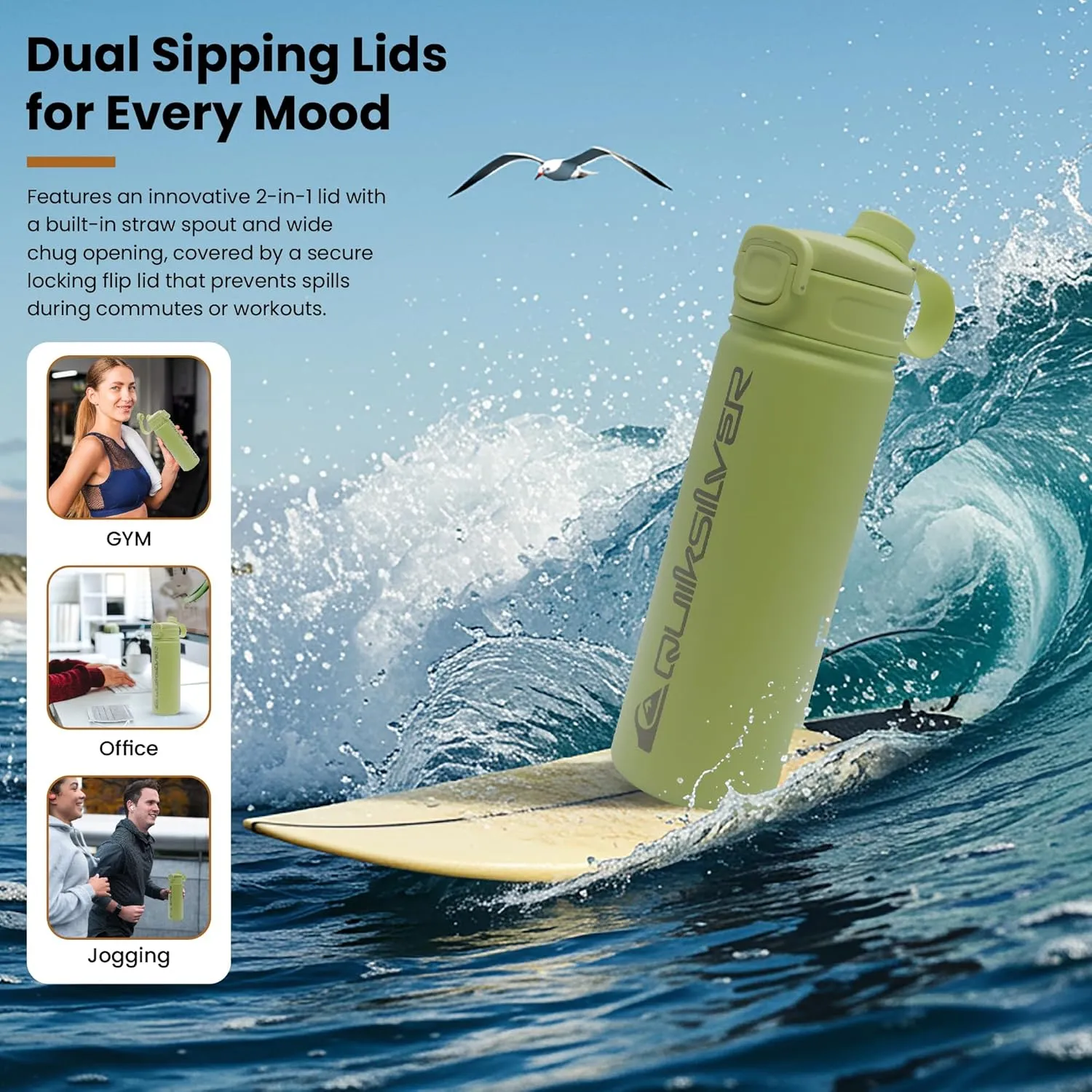 Quiksilver Insulated Stainless Steel Tumbler 24oz, Triple Wall Vacuum Sealed Travel Mug with Leak Proof Lid, Quick Straw & Chug Opening, Reusable Coffee Cup & Sports Water Bottle, 24Hr Cold / 12Hr Hot