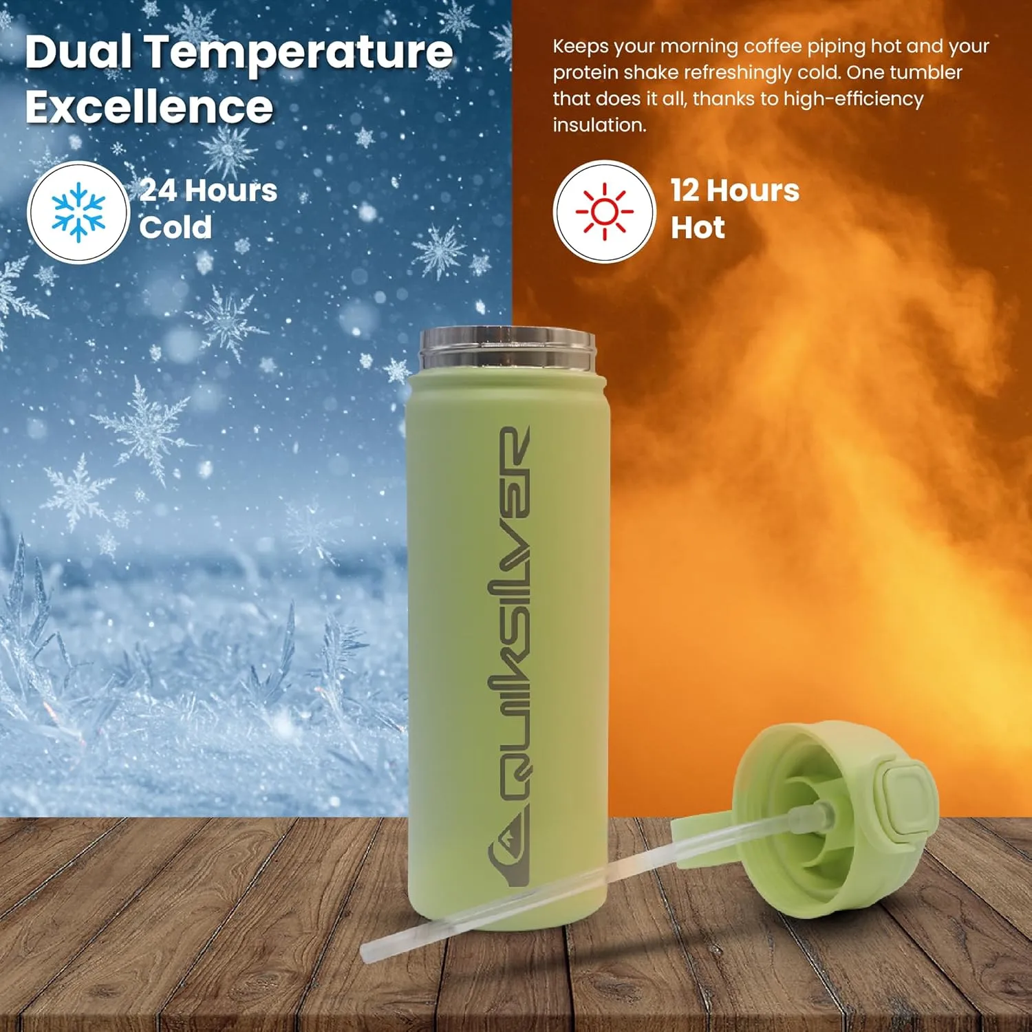Quiksilver Insulated Stainless Steel Tumbler 24oz, Triple Wall Vacuum Sealed Travel Mug with Leak Proof Lid, Quick Straw & Chug Opening, Reusable Coffee Cup & Sports Water Bottle, 24Hr Cold / 12Hr Hot