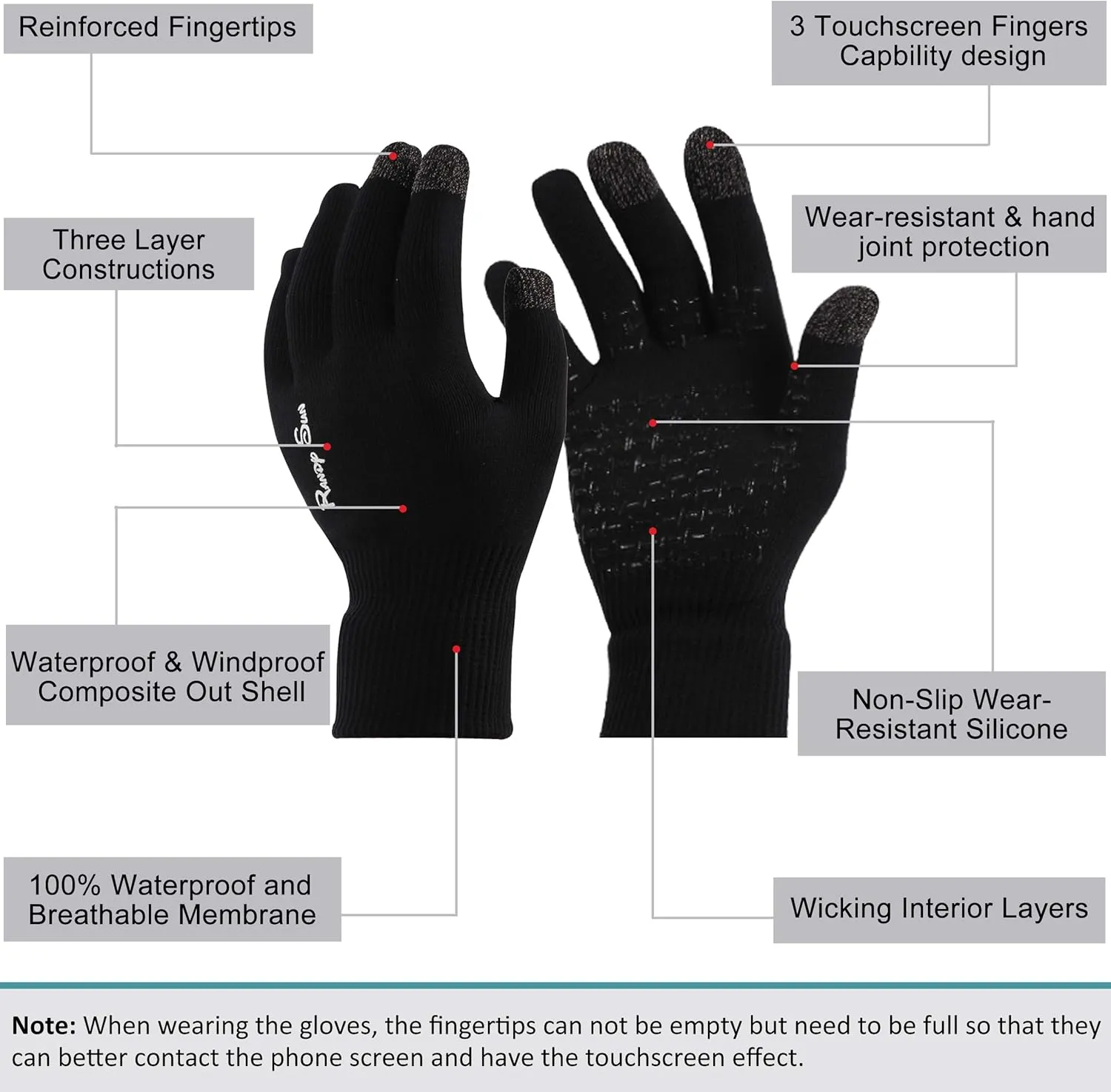RANDY SUN Waterproof Touch Screen Gloves, Windproof Skiing/Bike/Work/Mountaineering/Hiking Gloves 1 Pair
