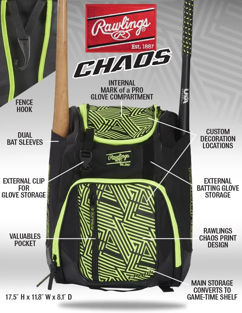 Rawlings | CHAOS Backpack Bag Series | T-Ball & Youth | Baseball & Fastpitch Softball | Multiple Colors