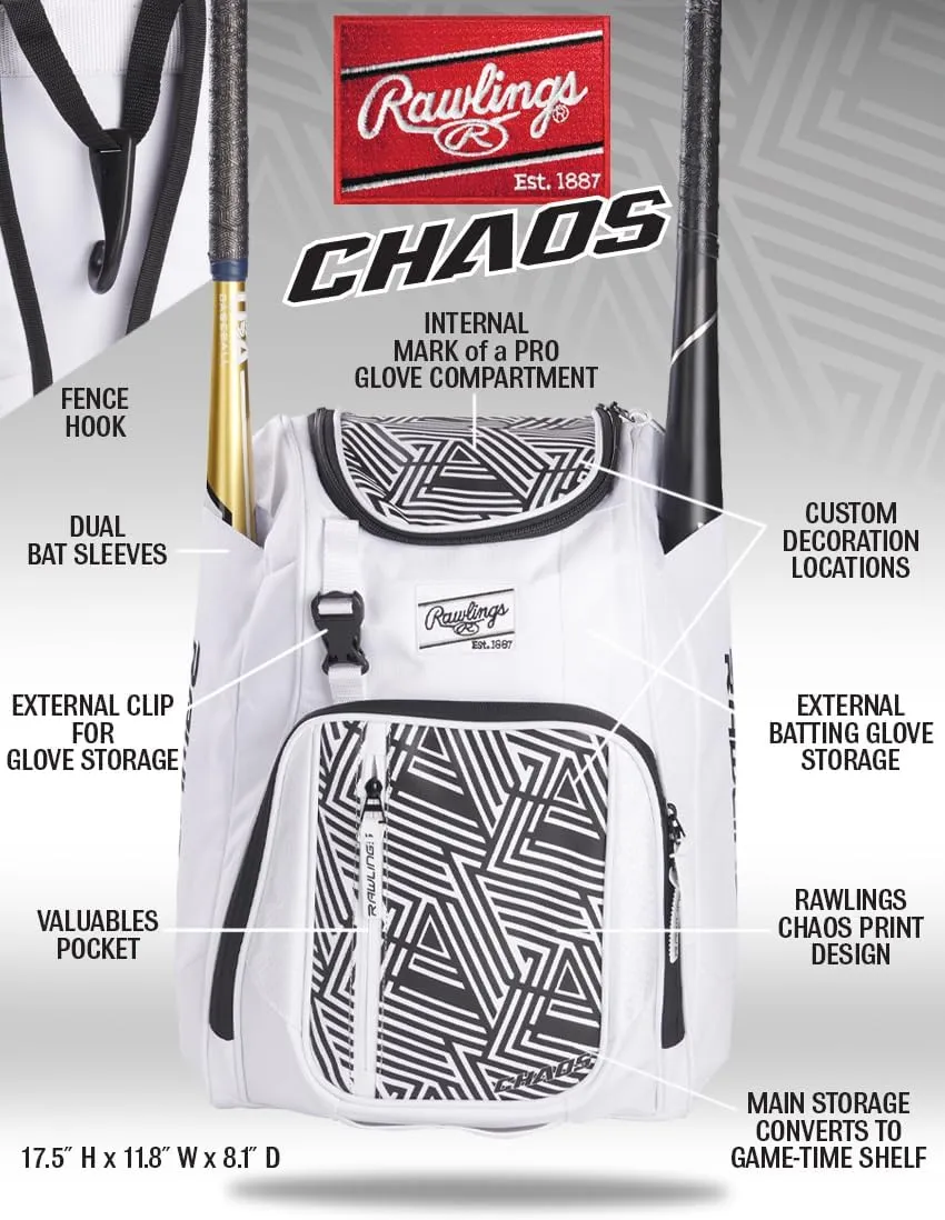 Rawlings | CHAOS Backpack Bag Series | T-Ball & Youth | Baseball & Fastpitch Softball | Multiple Colors