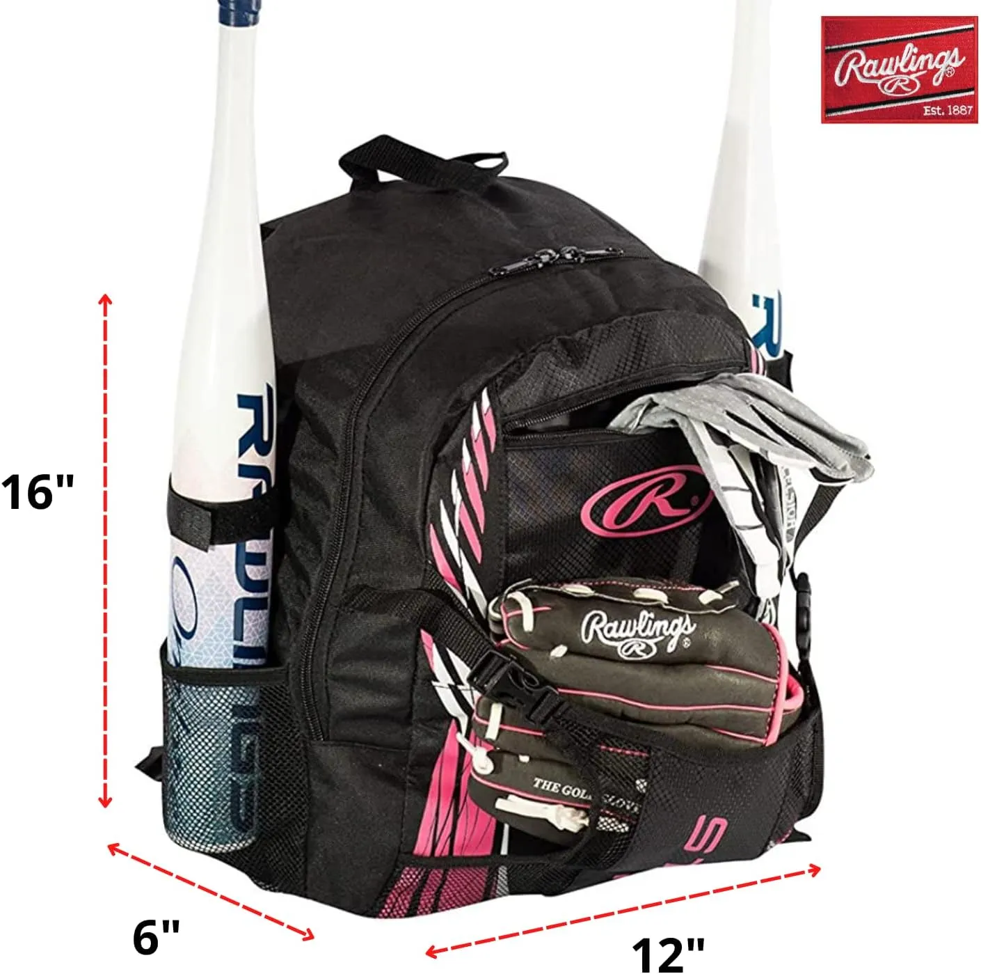 Rawlings | Storm Backpack Equipment Bag | Girls T-Ball/Youth Baseball & Softball | Multiple Colors